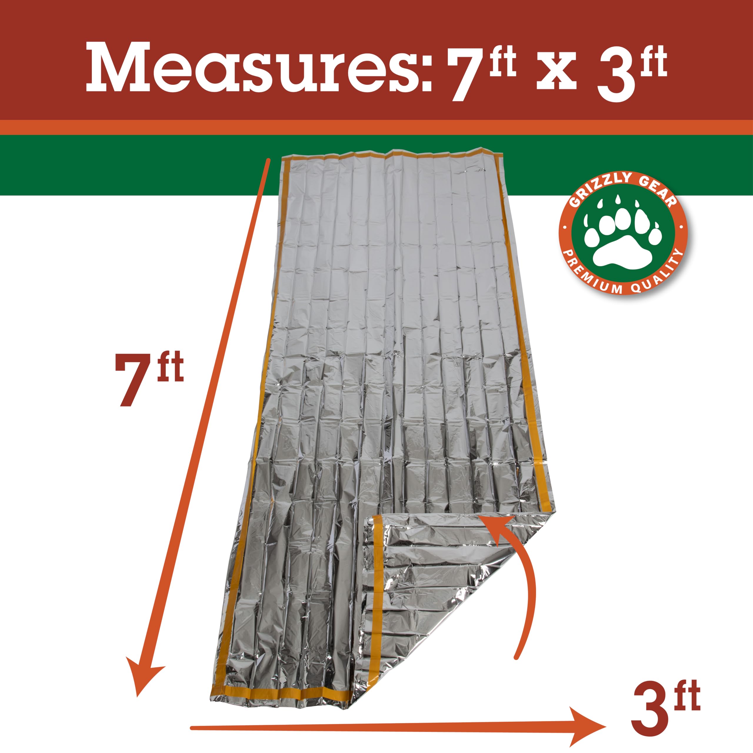 Grizzly Gear emergency thermal sleeping bag unfolded to 7 ft by 3 ft for warmth.