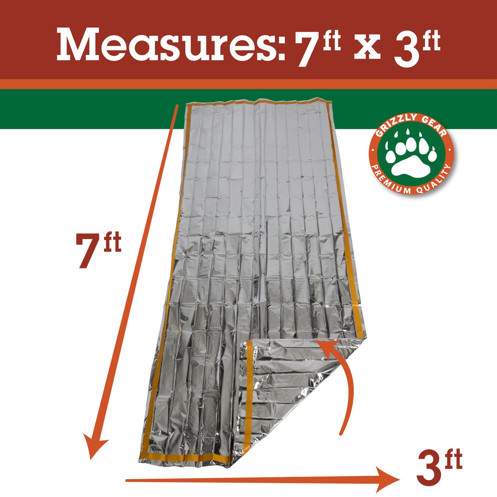 Grizzly Gear emergency thermal sleeping bag unfolded to 7 ft by 3 ft for warmth.