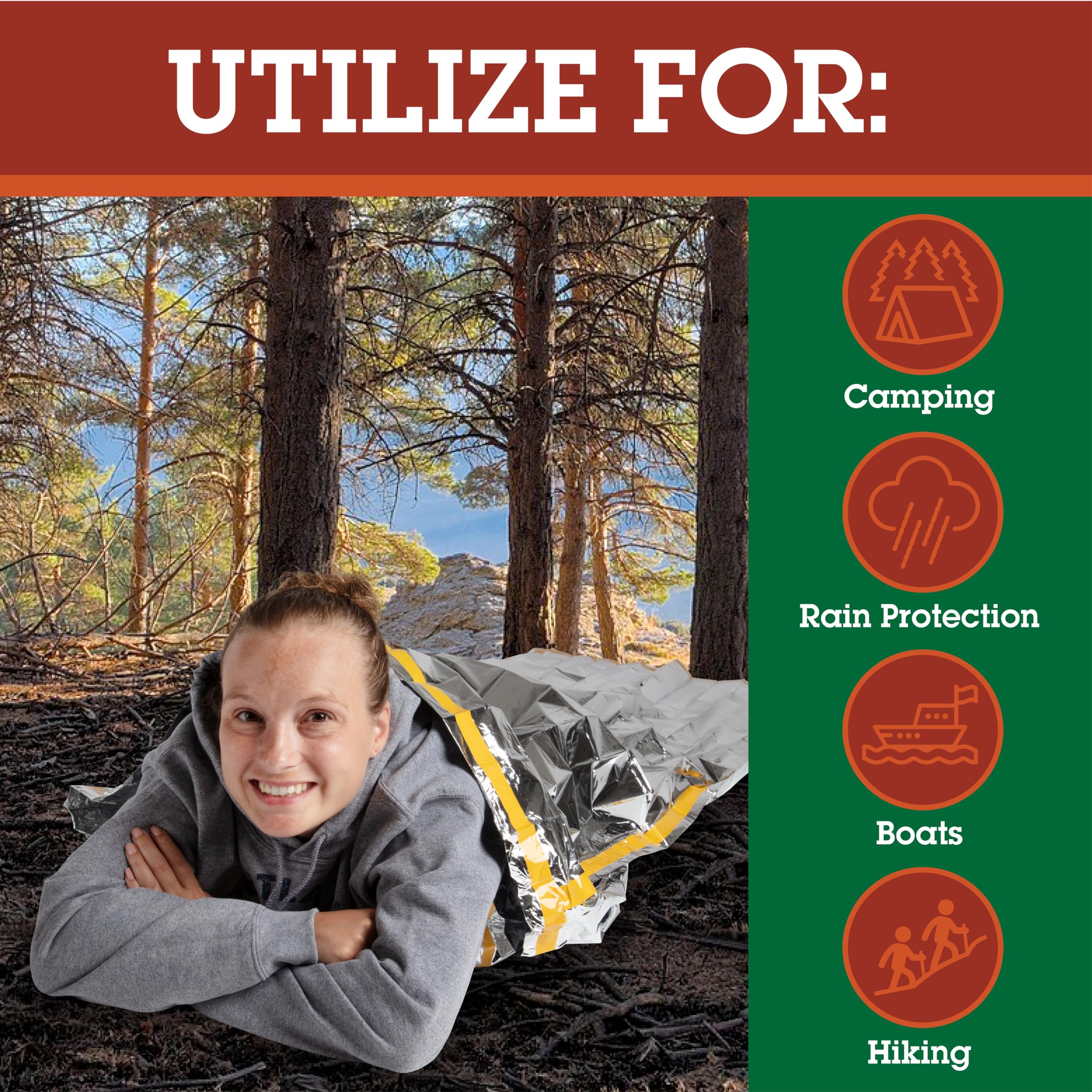 Grizzly Gear emergency thermal sleeping bag provides wind and water protection.