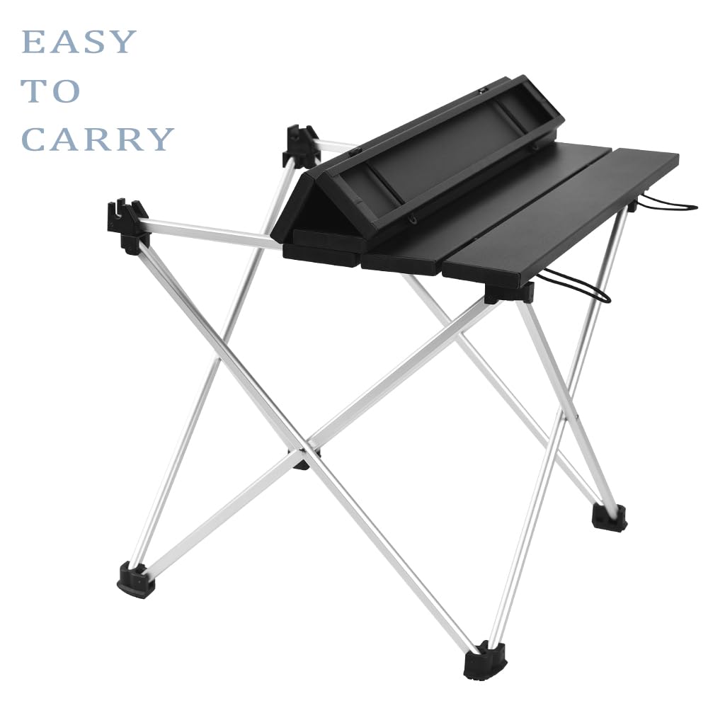 Grope portable camping table folded compactly for backpack or car trunk.