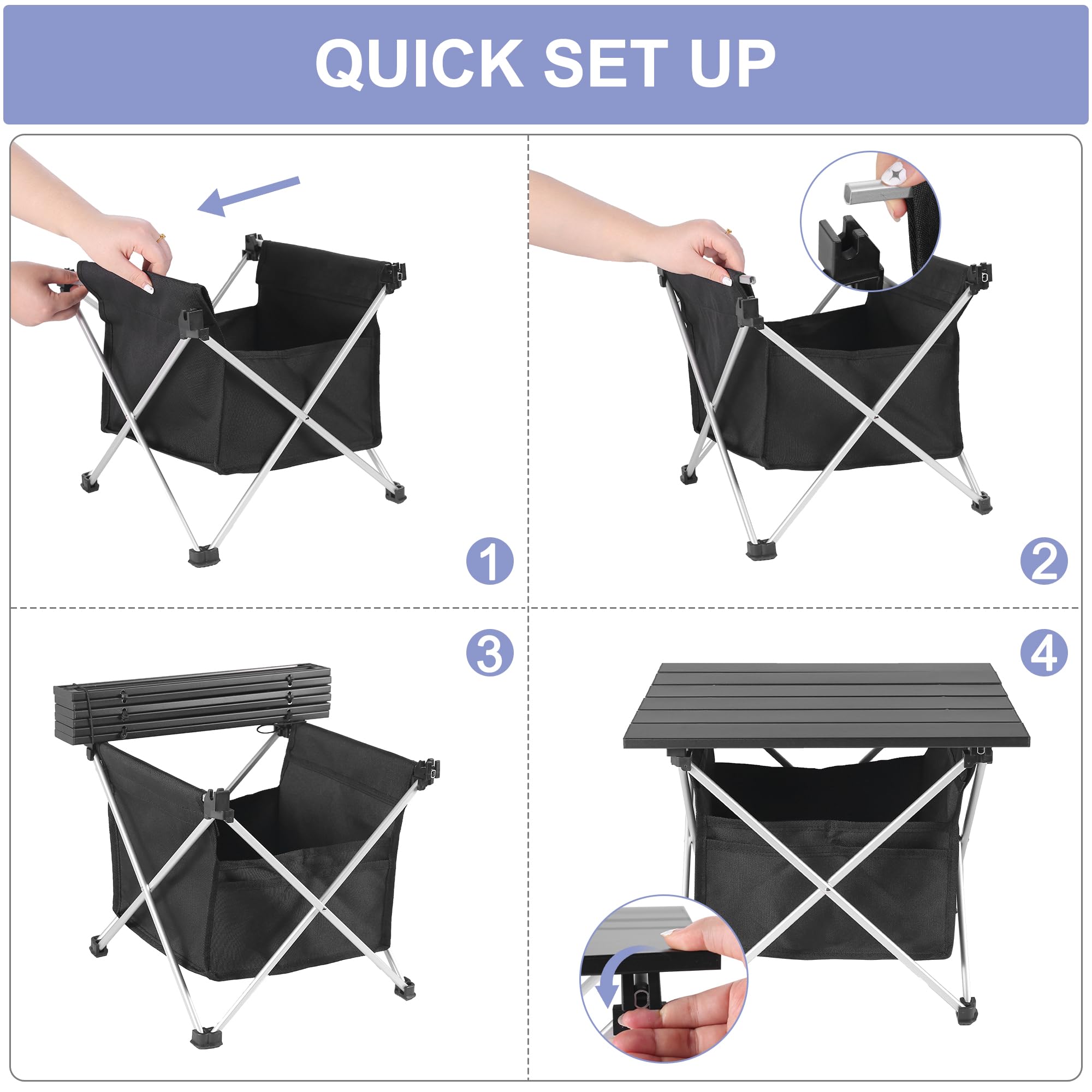 Grope table folded and tucked into the storage bag for compact car travel
