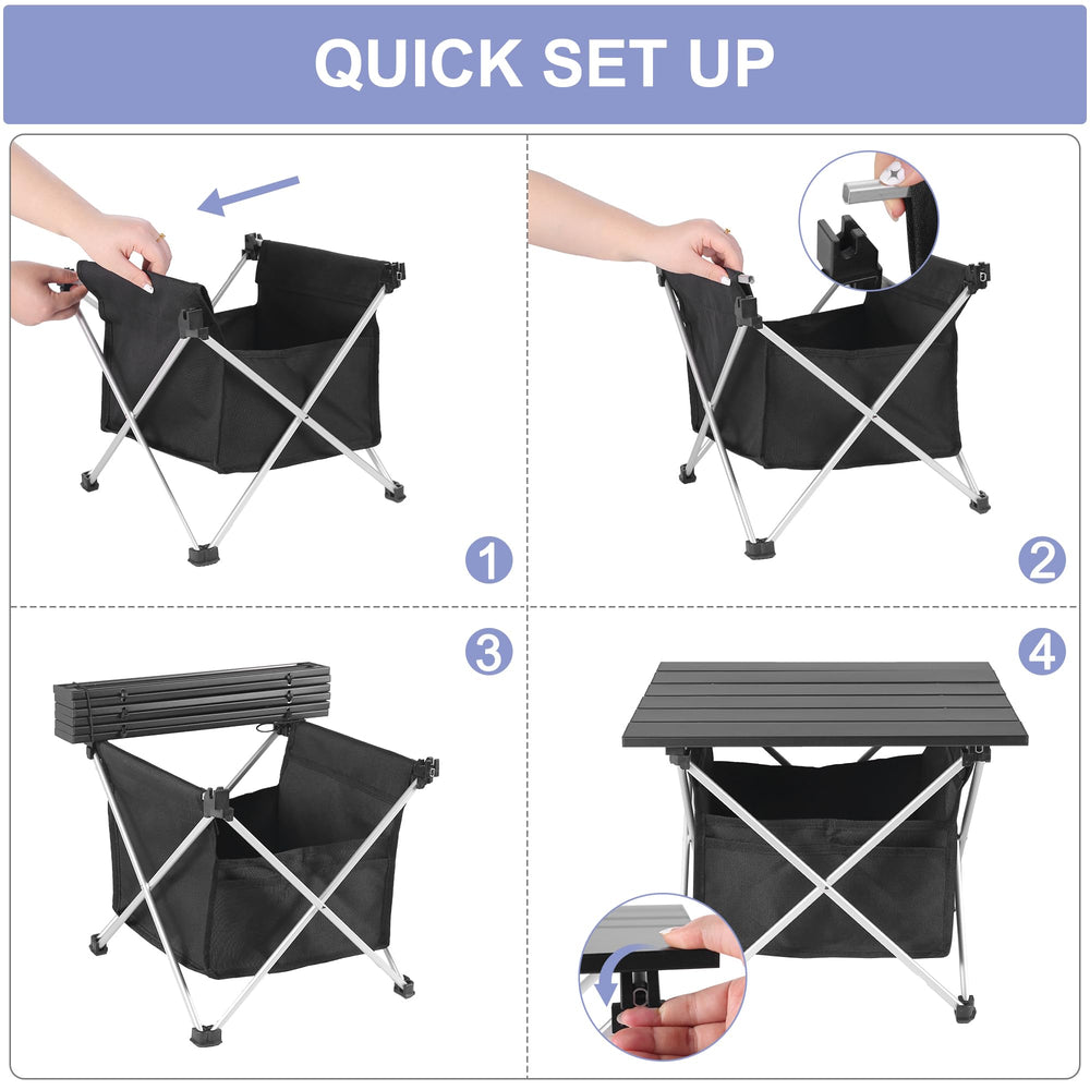 Grope table folded and tucked into the storage bag for compact car travel