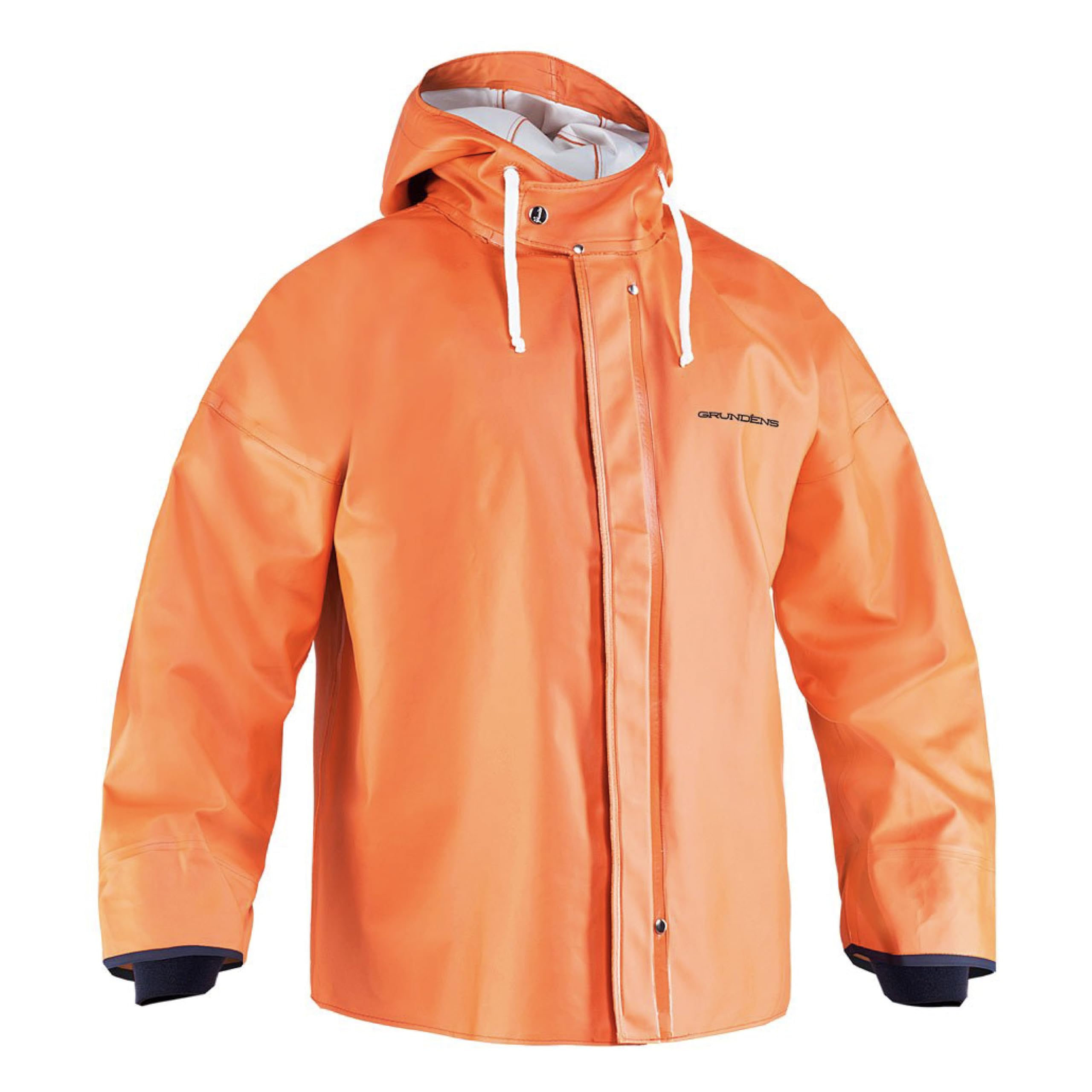Grundéns Brigg 44 Parka orange front view highlights rugged waterproof shell for wet conditions.