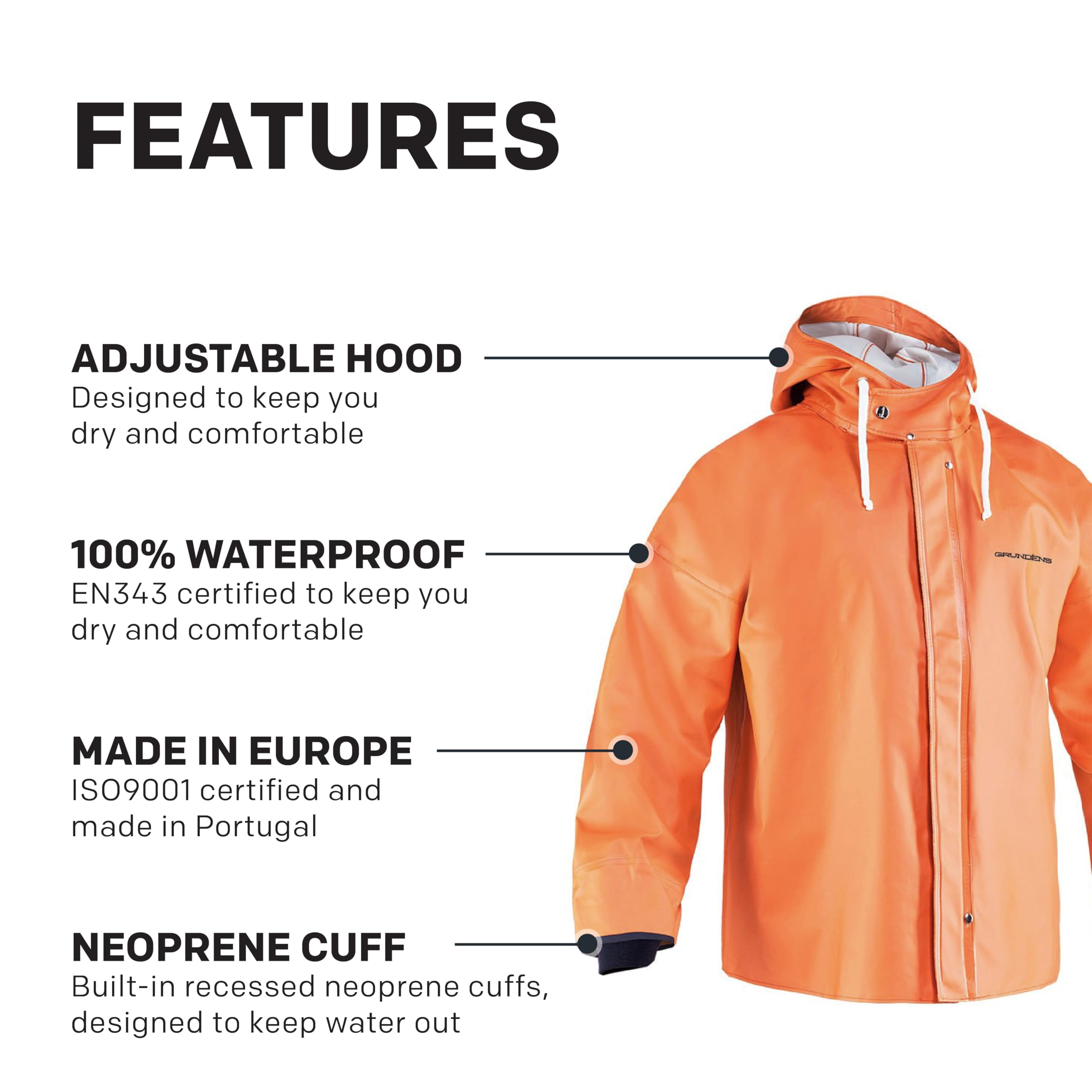 Grundéns Brigg 44 Parka orange neoprene cuffs seal water at the wrist.