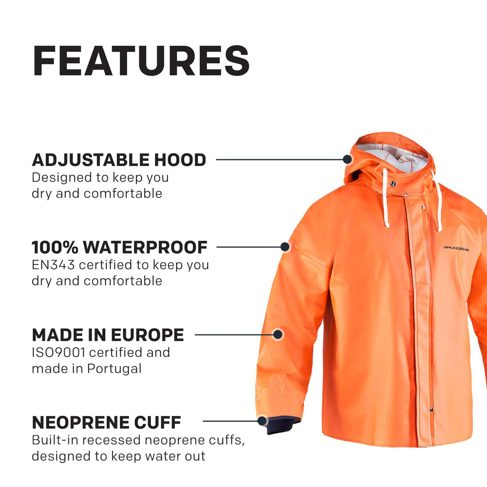 Grundéns Brigg 44 Parka orange neoprene cuffs seal water at the wrist.
