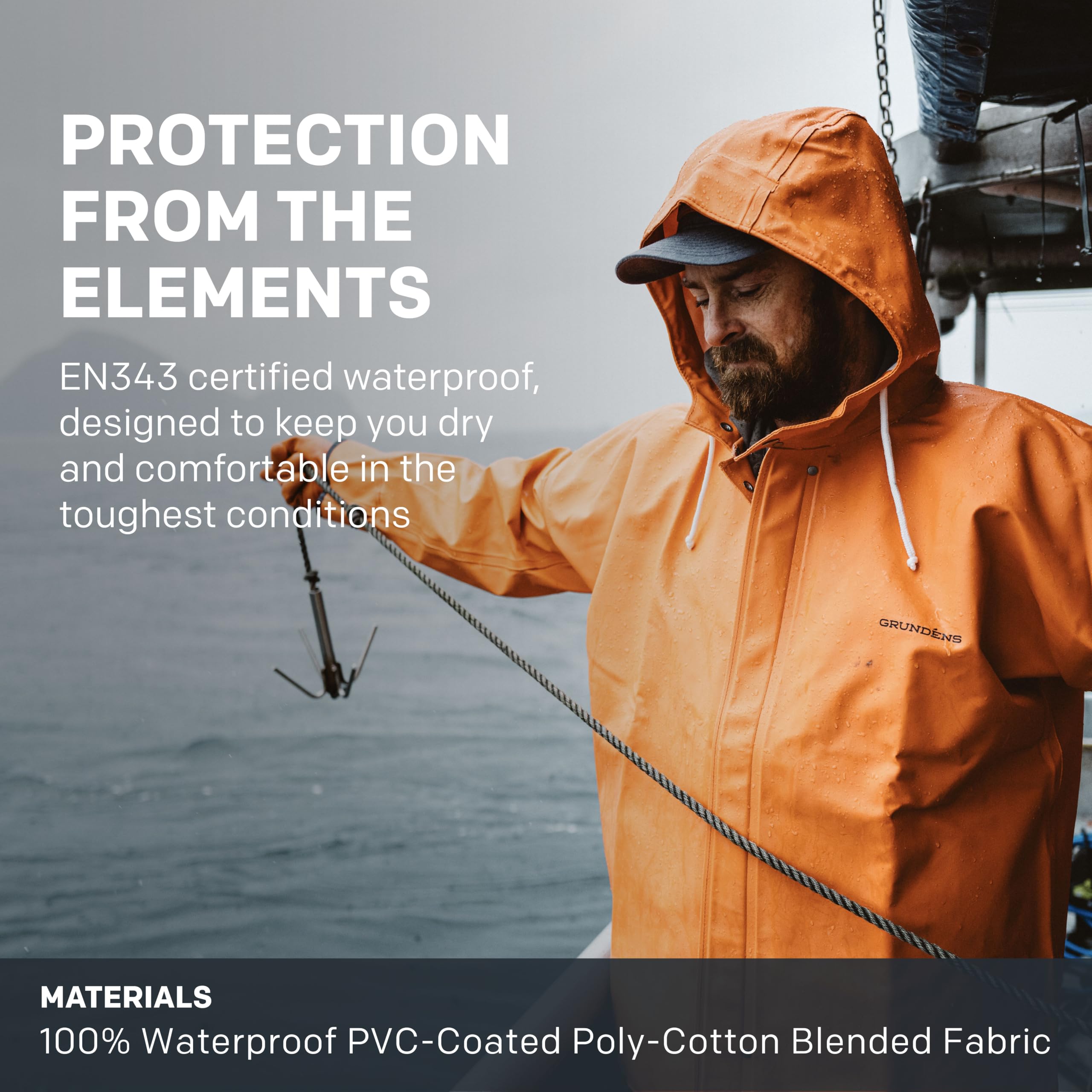 Grundéns Brigg 44 Parka orange sleeve close-up highlights recessed neoprene cuffs.
