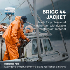 Grundéns Brigg 44 Parka orange waterproof shell close-up reveals durable PVC coating.