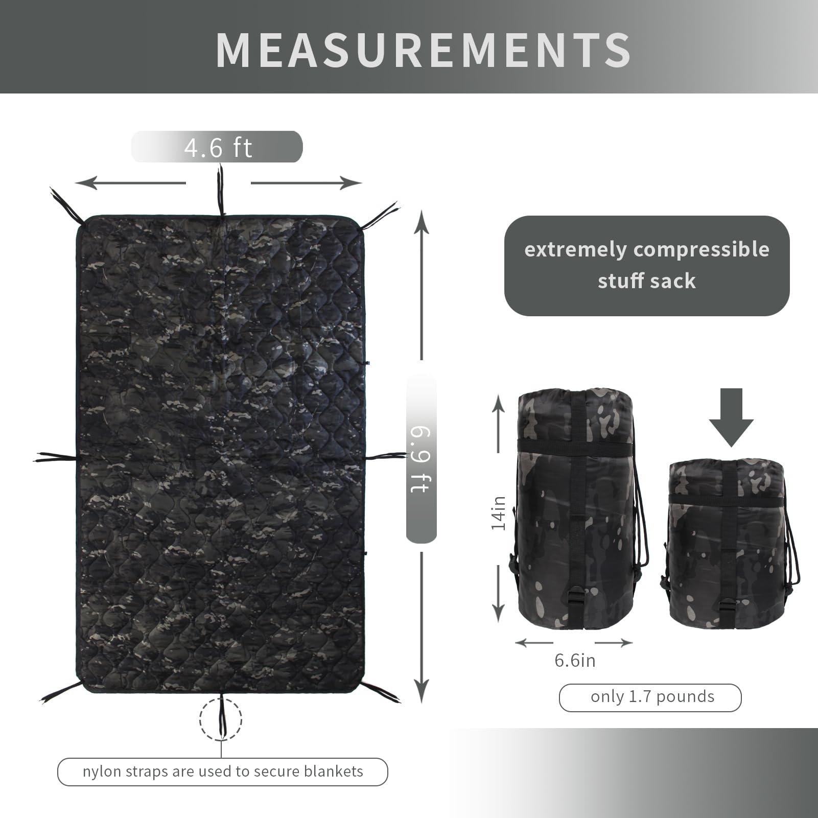 GRVCN military blanket compressed in a pack for backpacking travel.