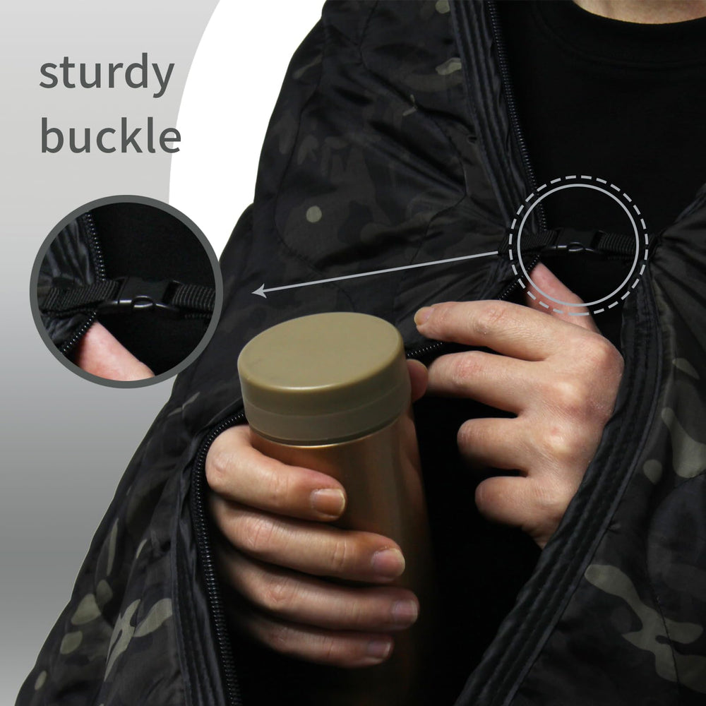 GRVCN military blanket poncho buckle demonstrates quick poncho conversion for shelter.