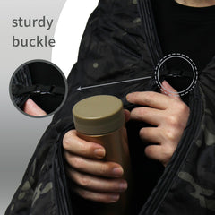 GRVCN military blanket poncho buckle demonstrates quick poncho conversion for shelter.