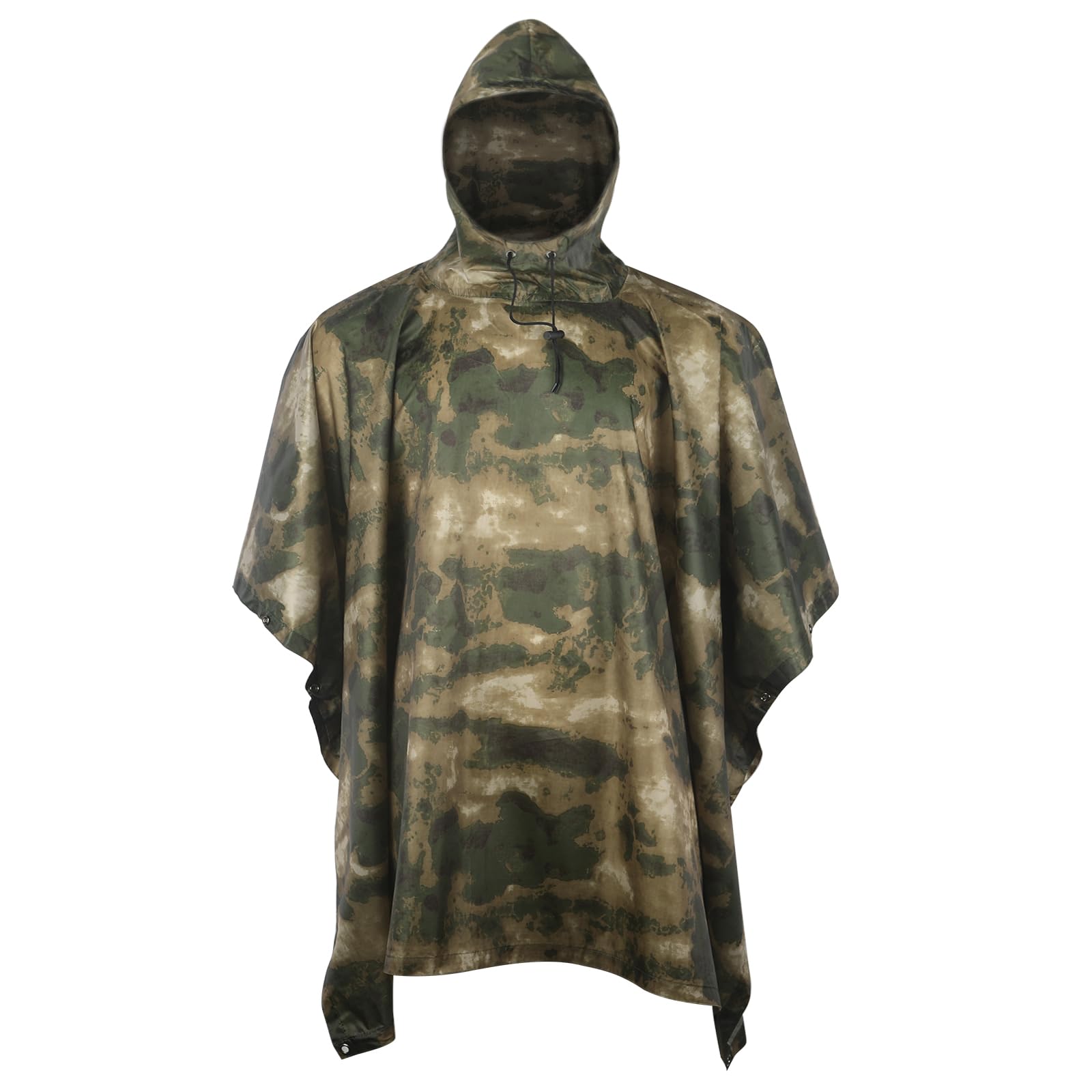 GRVCN military poncho hood adjustment shows secure adjustable coverage for all-day rain protection