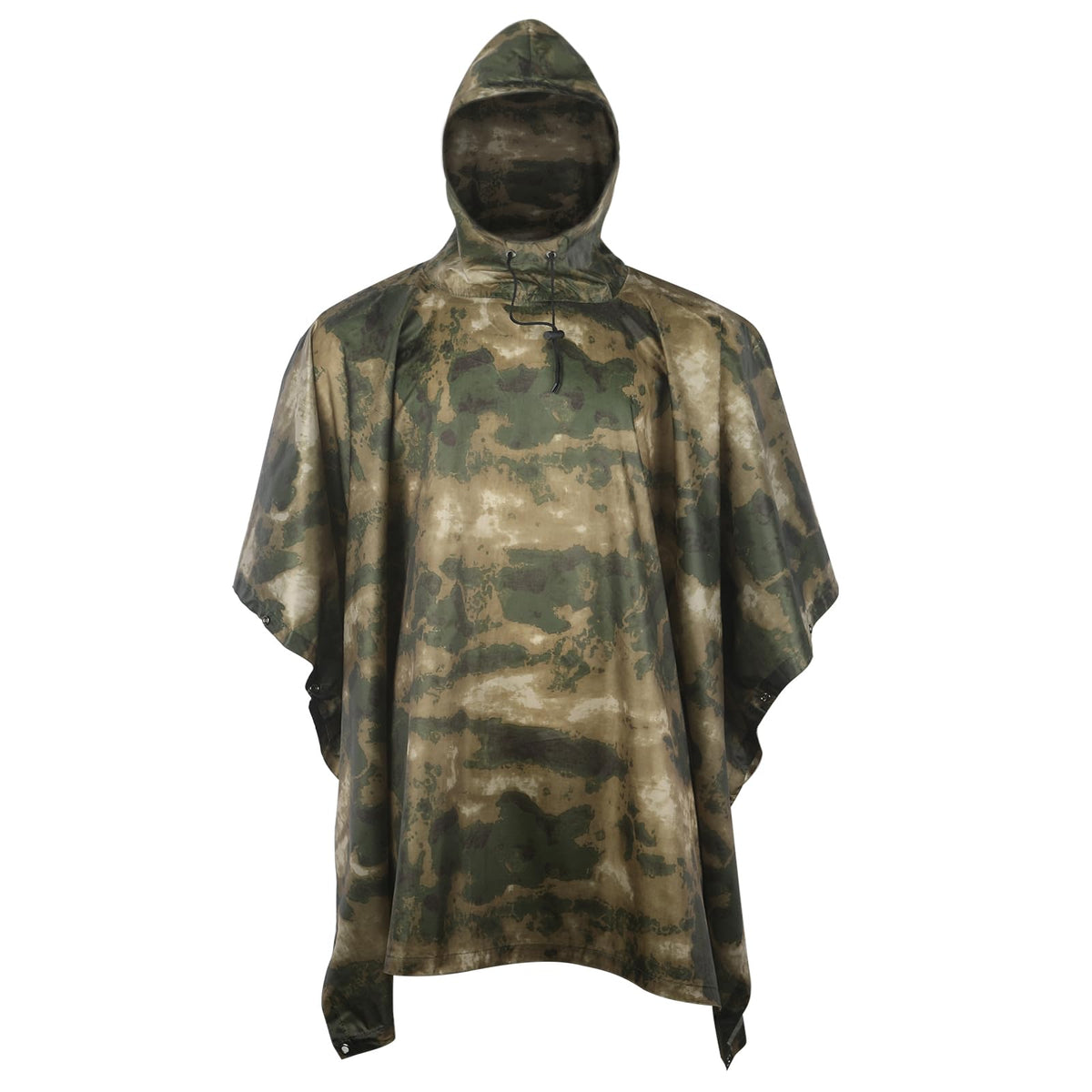 GRVCN military poncho hood adjustment shows secure adjustable coverage for all-day rain protection