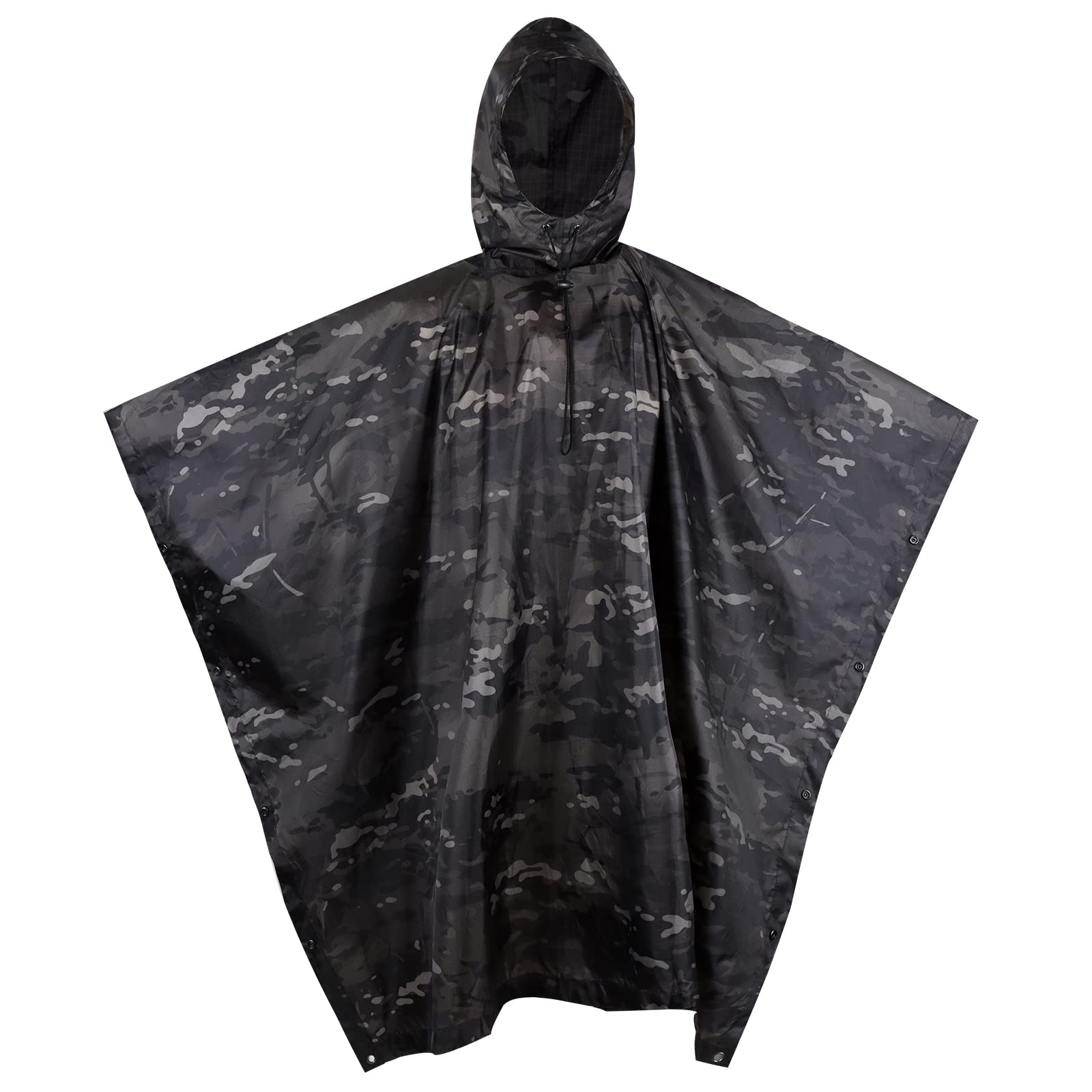 GRVCN military rain poncho camouflage hood for rapid weather protection.