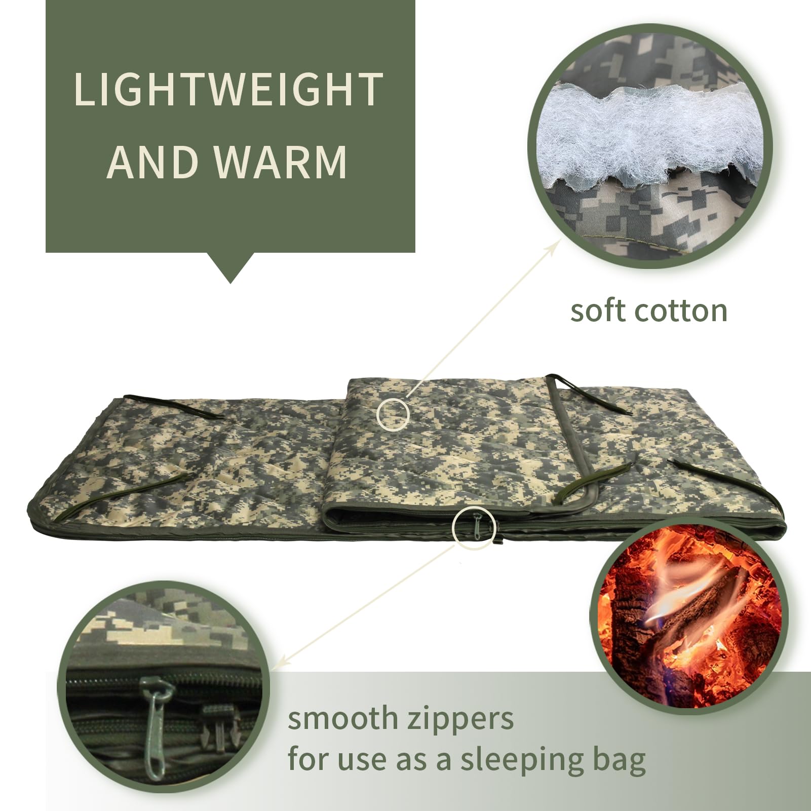 GRVCN sleeping bag zipper-closure view demonstrates easy enclosure for added warmth while camping.
