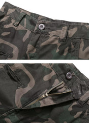 GSGGIG camo cargo pants fabric texture suggests durability and skin-friendly everyday wear.