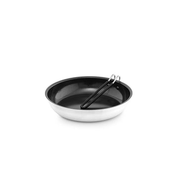 GSI Outdoors Bugaboo 10 Fry Pan featuring SureLock folding handle for stable camping setup.