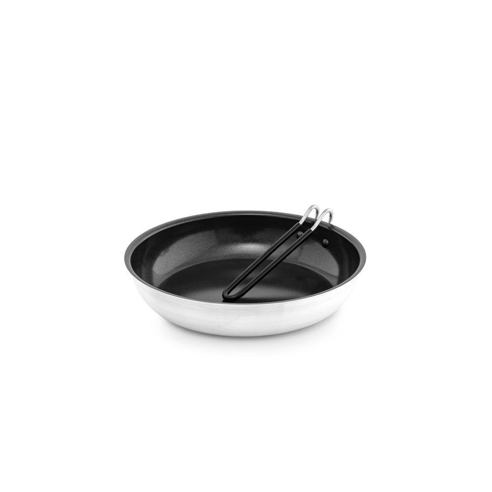GSI Outdoors Bugaboo 10 Fry Pan featuring SureLock folding handle for stable camping setup.