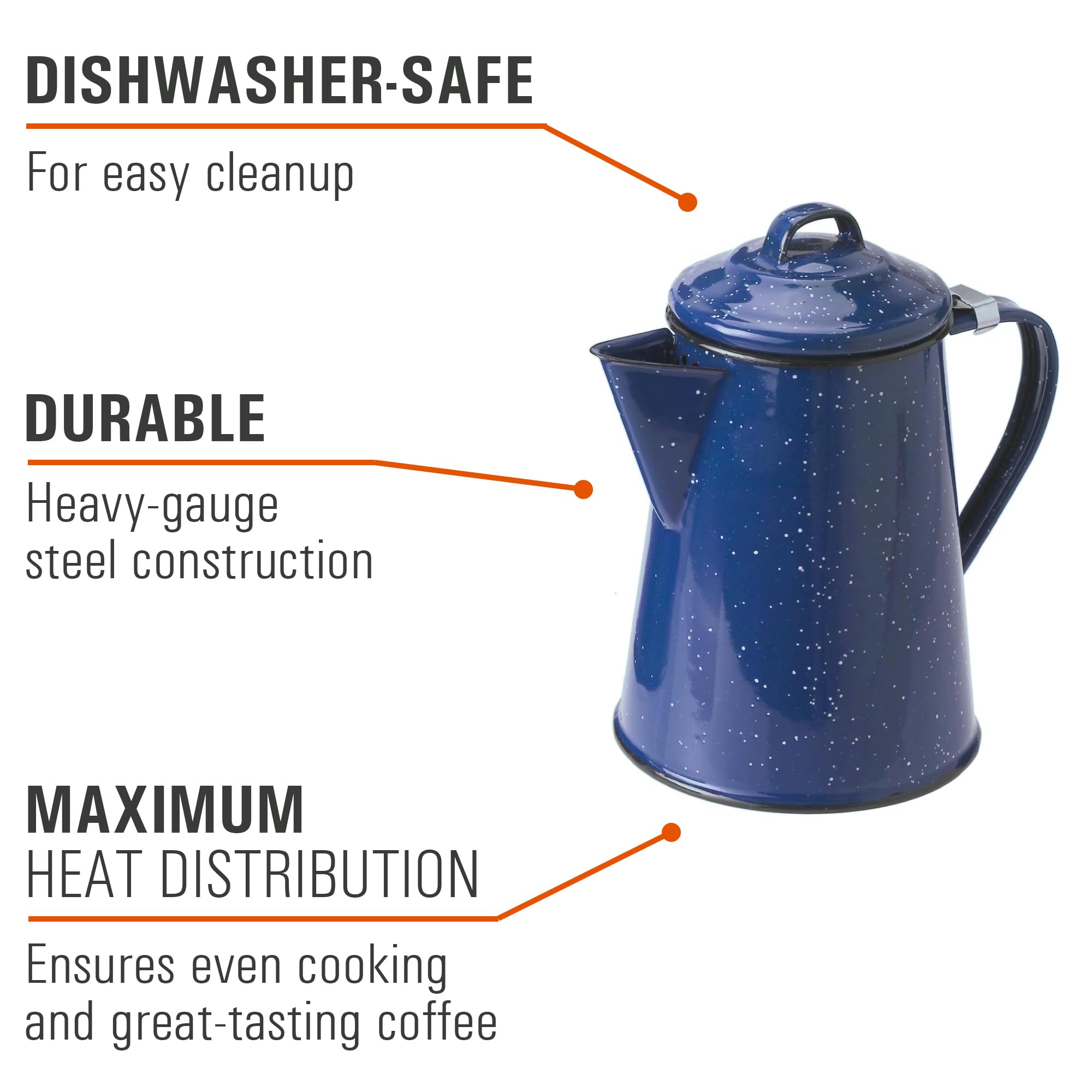 GSI Outdoors enamel coffee pot set over a campfire scene for warmth.