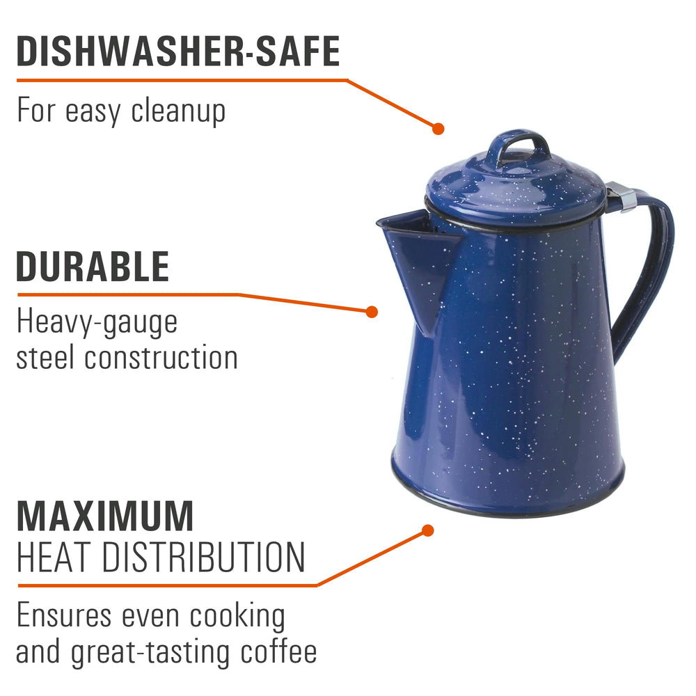 GSI Outdoors enamel coffee pot set over a campfire scene for warmth.