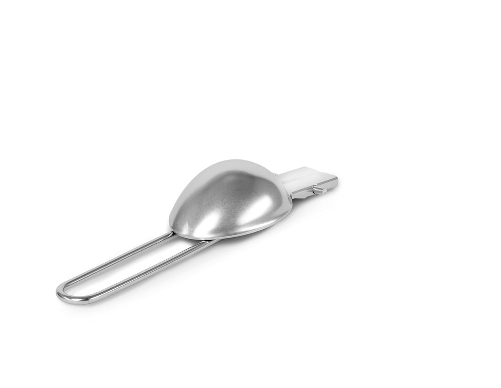 GSI Outdoors Folding Chef Spoon locking mechanism in action for safe camp stove use.