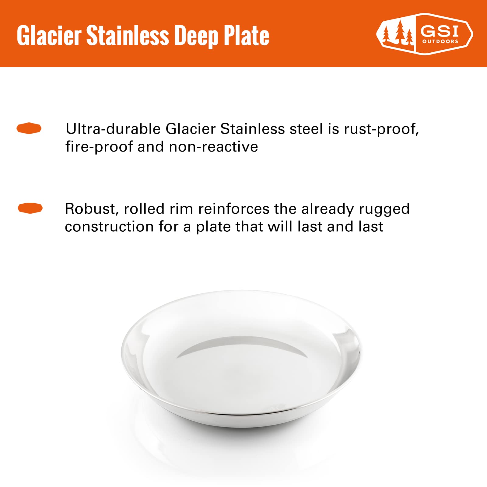 GSI Outdoors Glacier Stainless Deep Plate close-up, highlighting the rolled rim and durable finish.