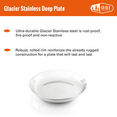 GSI Outdoors Glacier Stainless Deep Plate close-up, highlighting the rolled rim and durable finish.