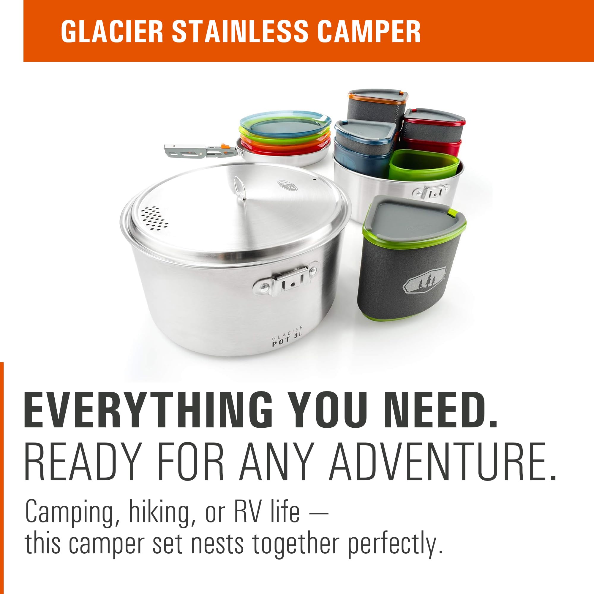 GSI Outdoors Glacier Stainless Camper 4P nesting design saves space in packs