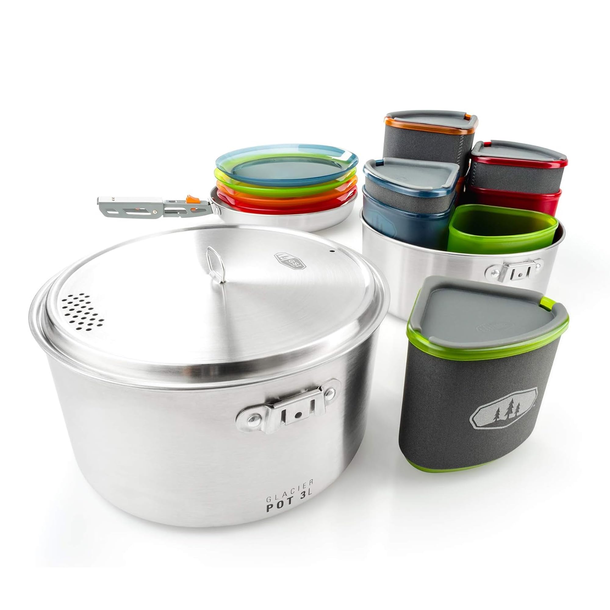 GSI Outdoors Glacier Stainless Camper 4P pots and dining ware enable compact meals