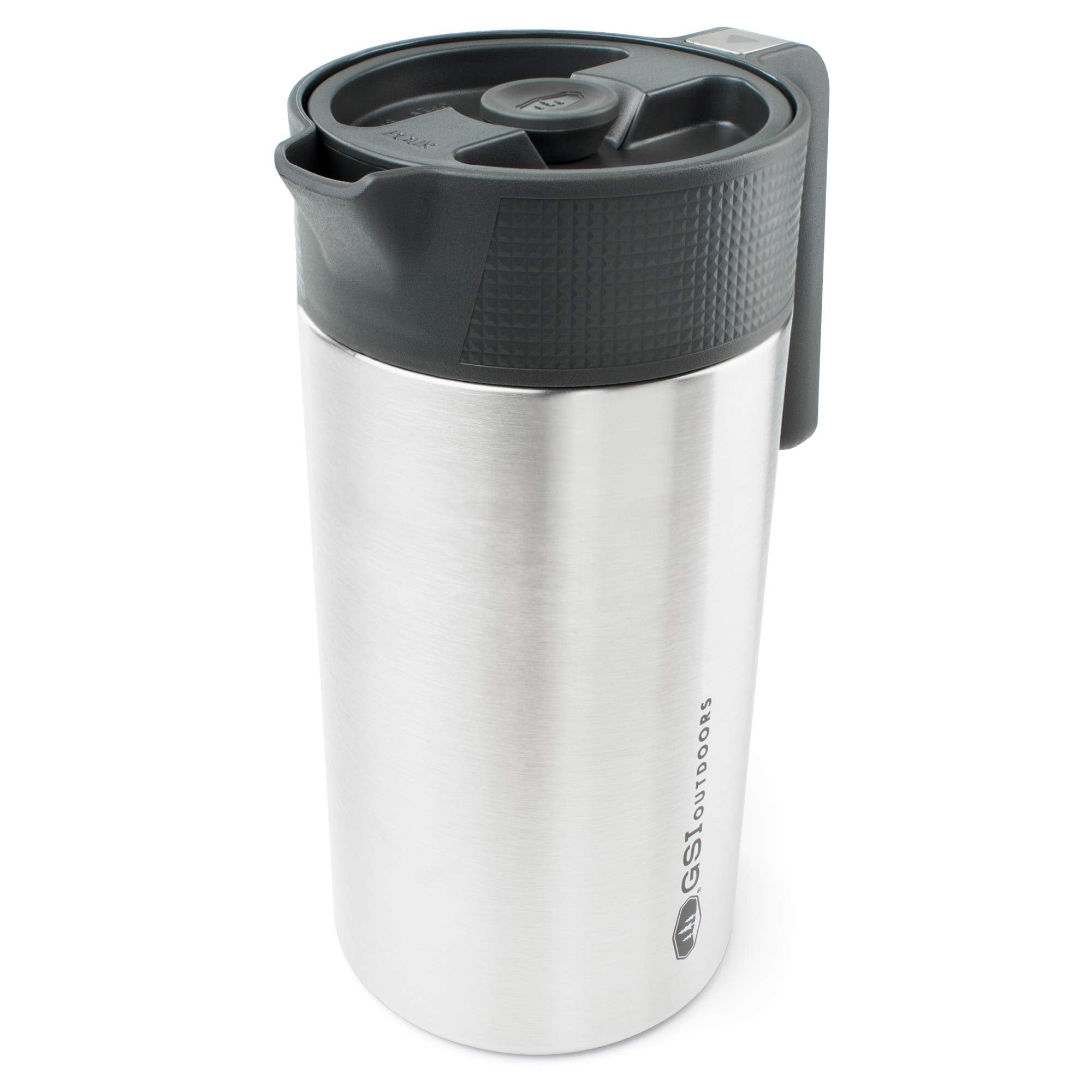 GSI Outdoors JavaPress 30oz overall view in brushed stainless for camping coffee