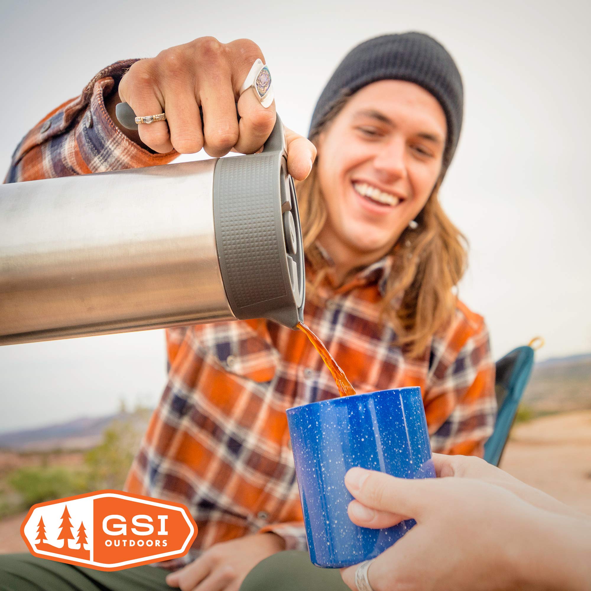 GSI Outdoors JavaPress 30oz camping scene shows ready coffee