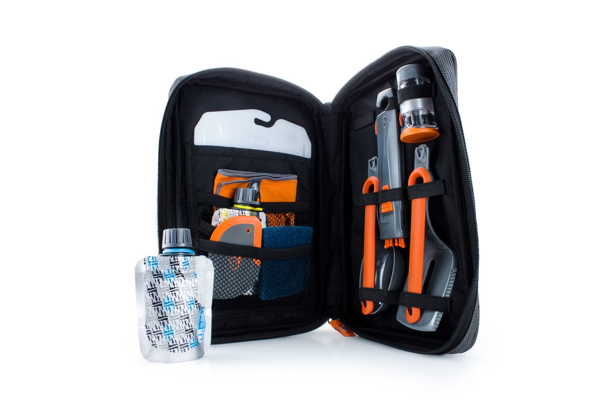 GSI Outdoors Gourmet Kitchen Set 11 case shown with organized travel-ready camp cookware.