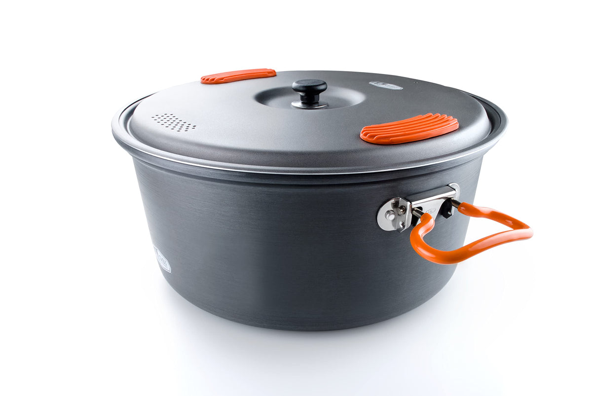 GSI Outdoors Halulite 4.7L pot with lid open shows durable hard-anodized construction for rugged camps.