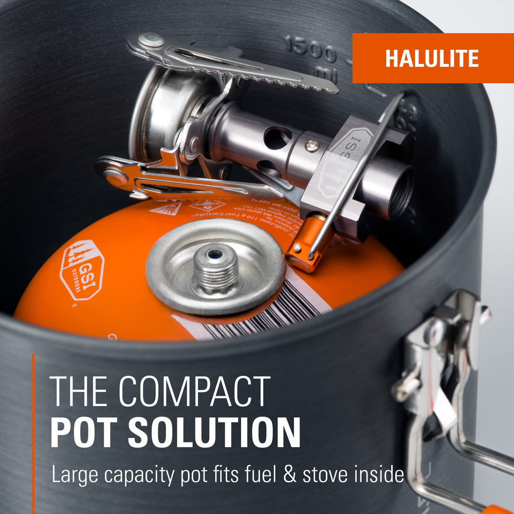 GSI Outdoors Halulite Boiler folding-handle showcased for secure packing.