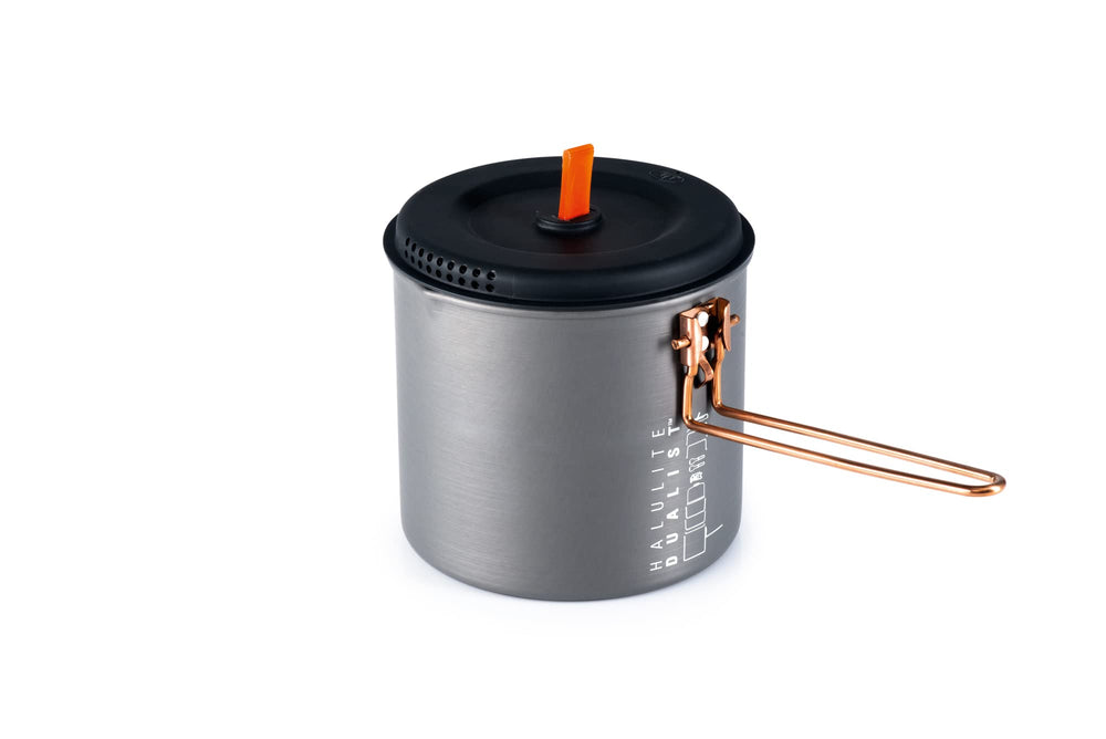 GSI Outdoors Halulite Dualist lid and utensils enabling quick meals on trail.