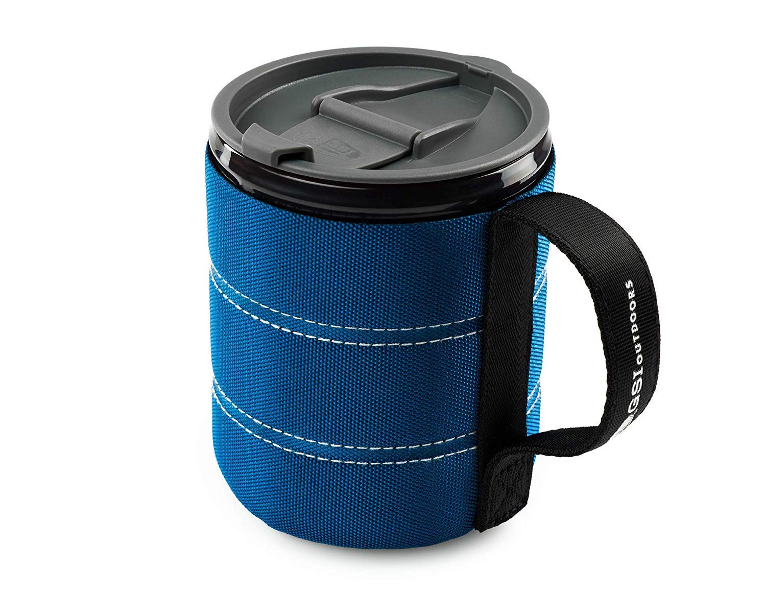 GSI Outdoors Insulated Infinity Backpacker Mug blue front view for outdoor coffee on the go.