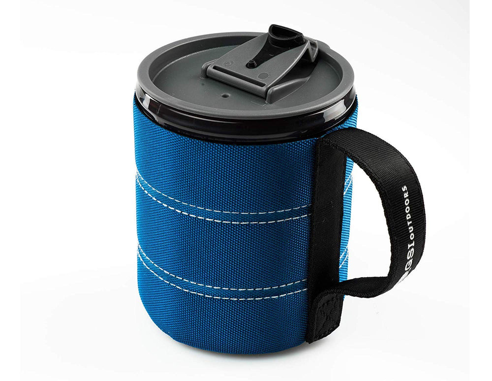GSI Outdoors insulated backpacker mug blue side view, lightweight design for hikers on the trail.