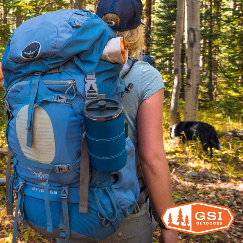 GSI Outdoors JavaPress blue coffee brew showcases large-capacity camp coffee