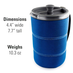 GSI Outdoors JavaPress 30oz blue full cup highlights generous servings