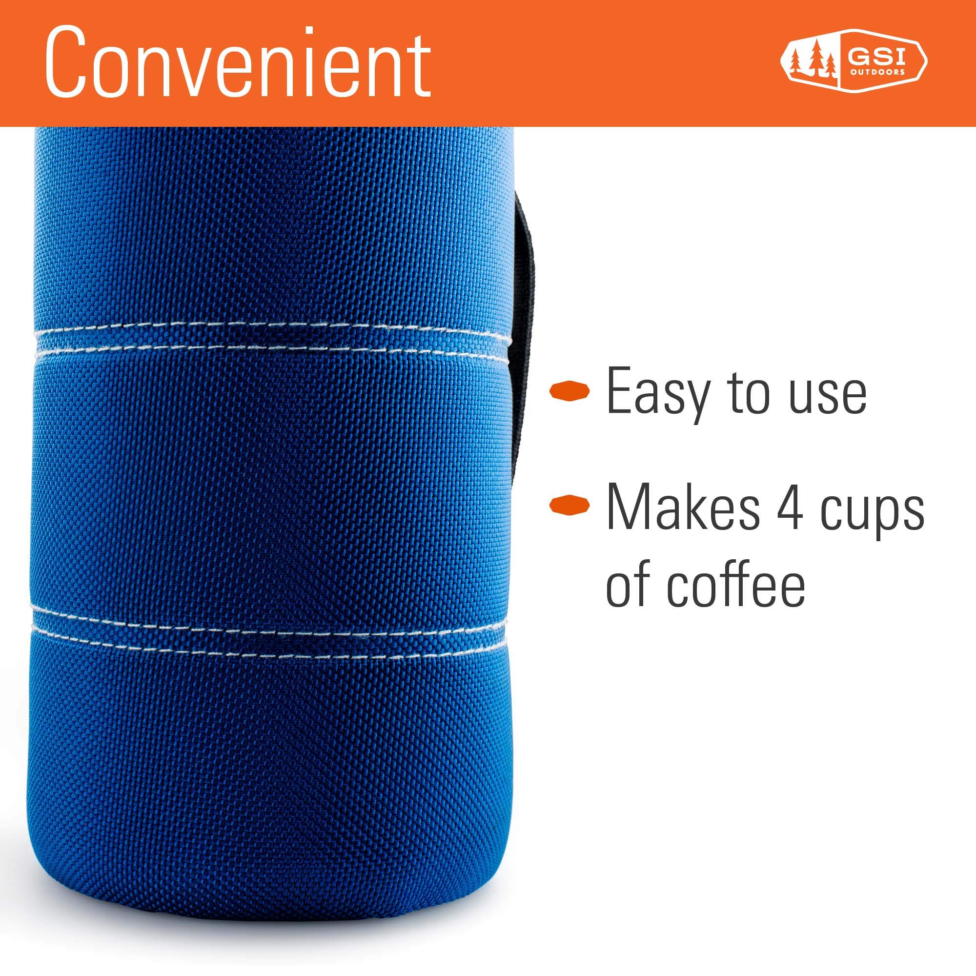 GSI Outdoors JavaPress blue insulated lid emphasizes heat retention outdoors