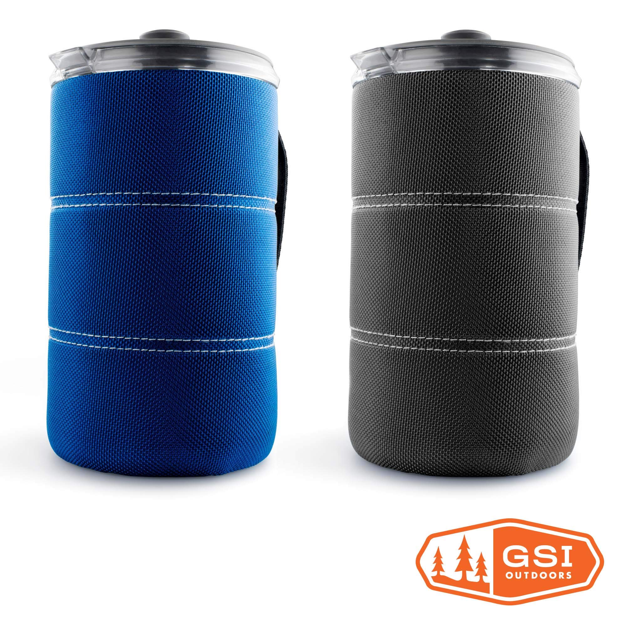 GSI Outdoors JavaPress blue outdoor-kitchen ready setup for campsite brews