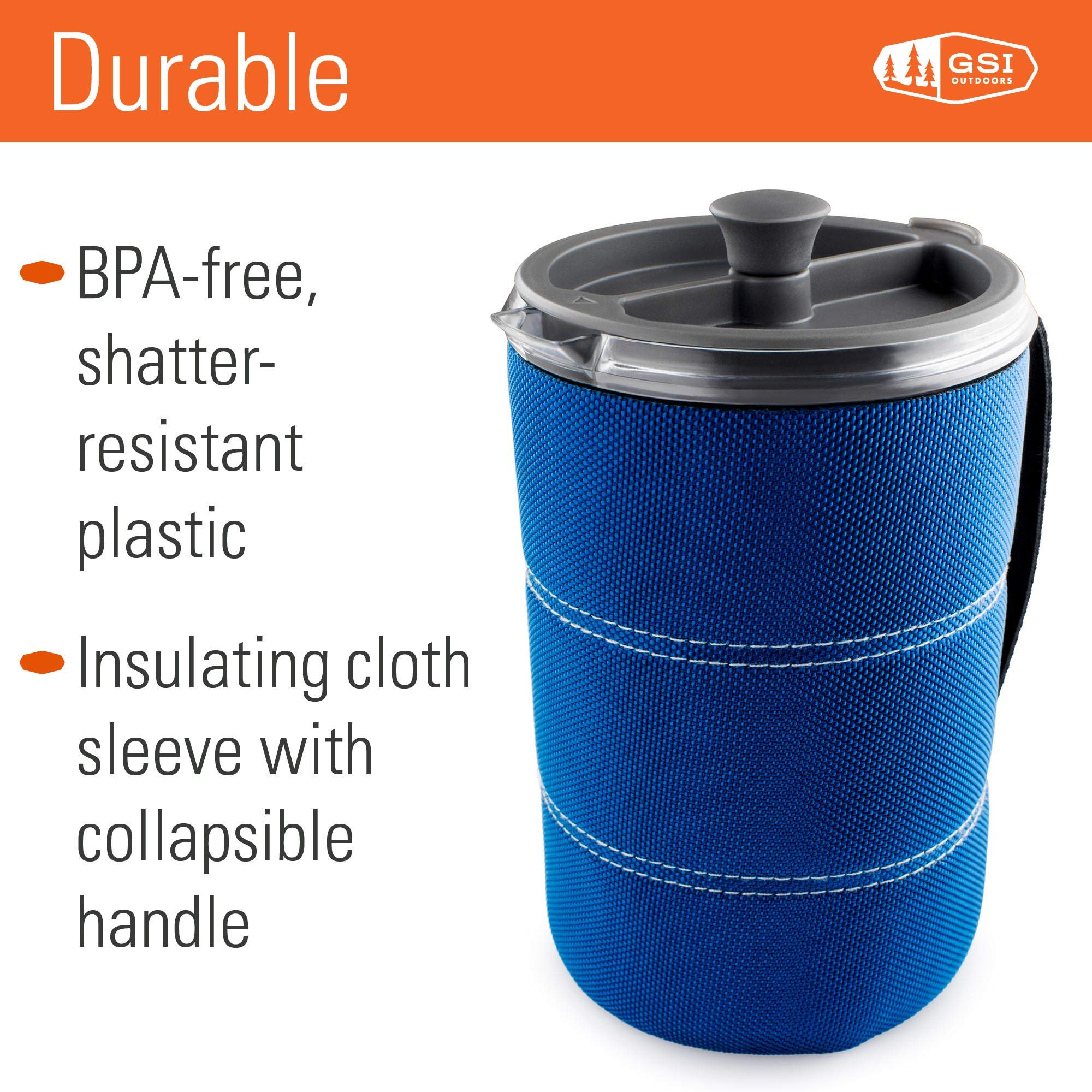 GSI Outdoors JavaPress blue sleeve enables safe handling and heat retention