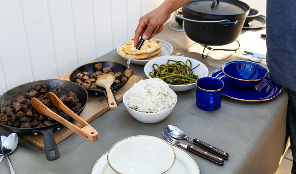 GSI Outdoors Mesa enamelware lifestyle setup on a campsite table