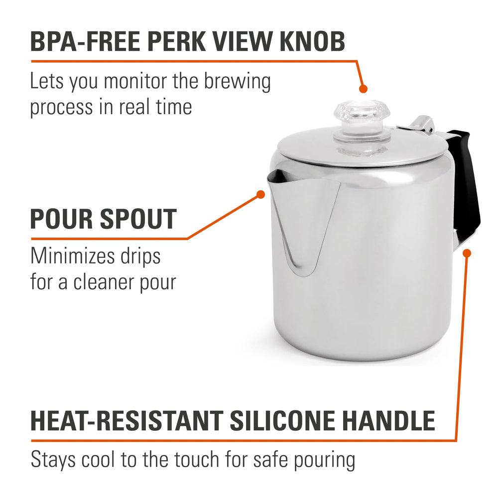 GSI Outdoors Percolator 3-cup capacity ideal for quiet solo mornings.