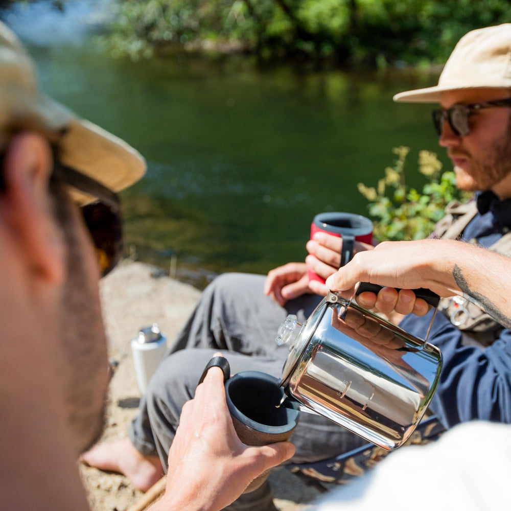 GSI Outdoors Percolator camping setup ready for campfire coffee.
