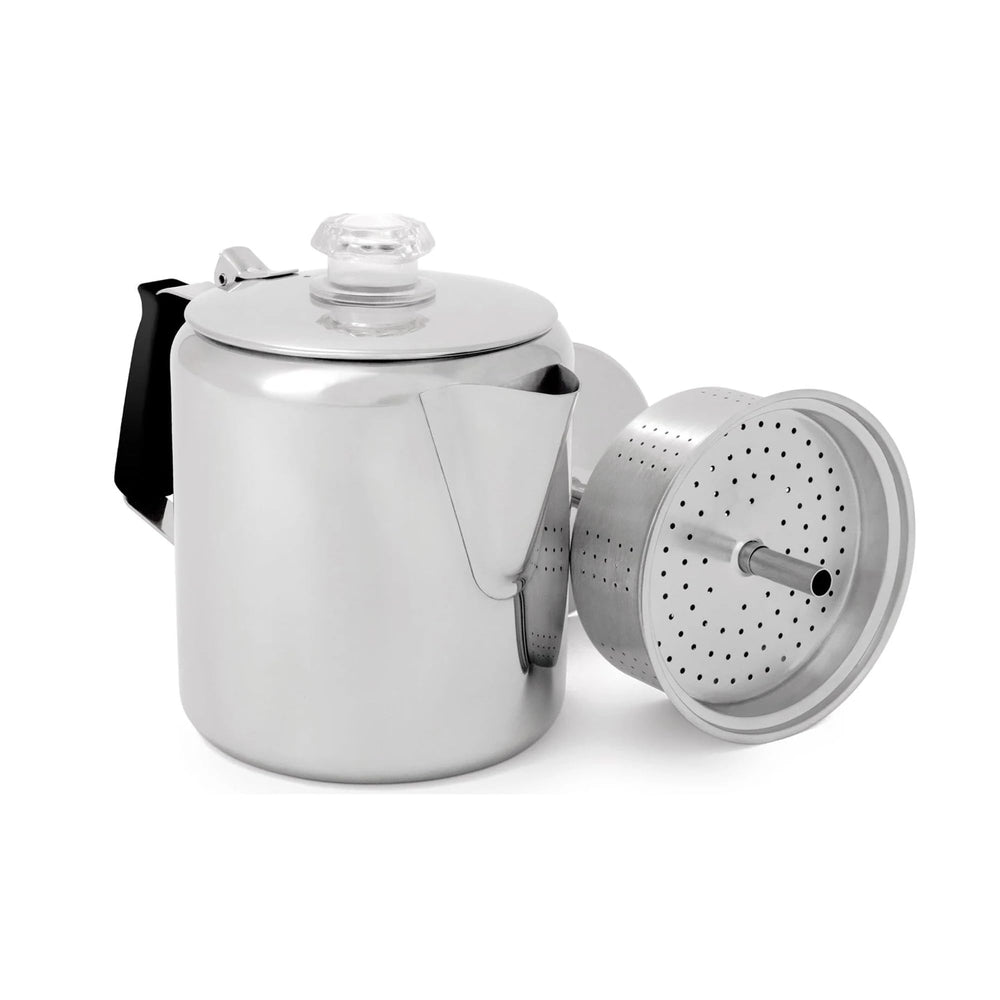 GSI Outdoors Percolator front view in glacier stainless for rugged camp coffee.