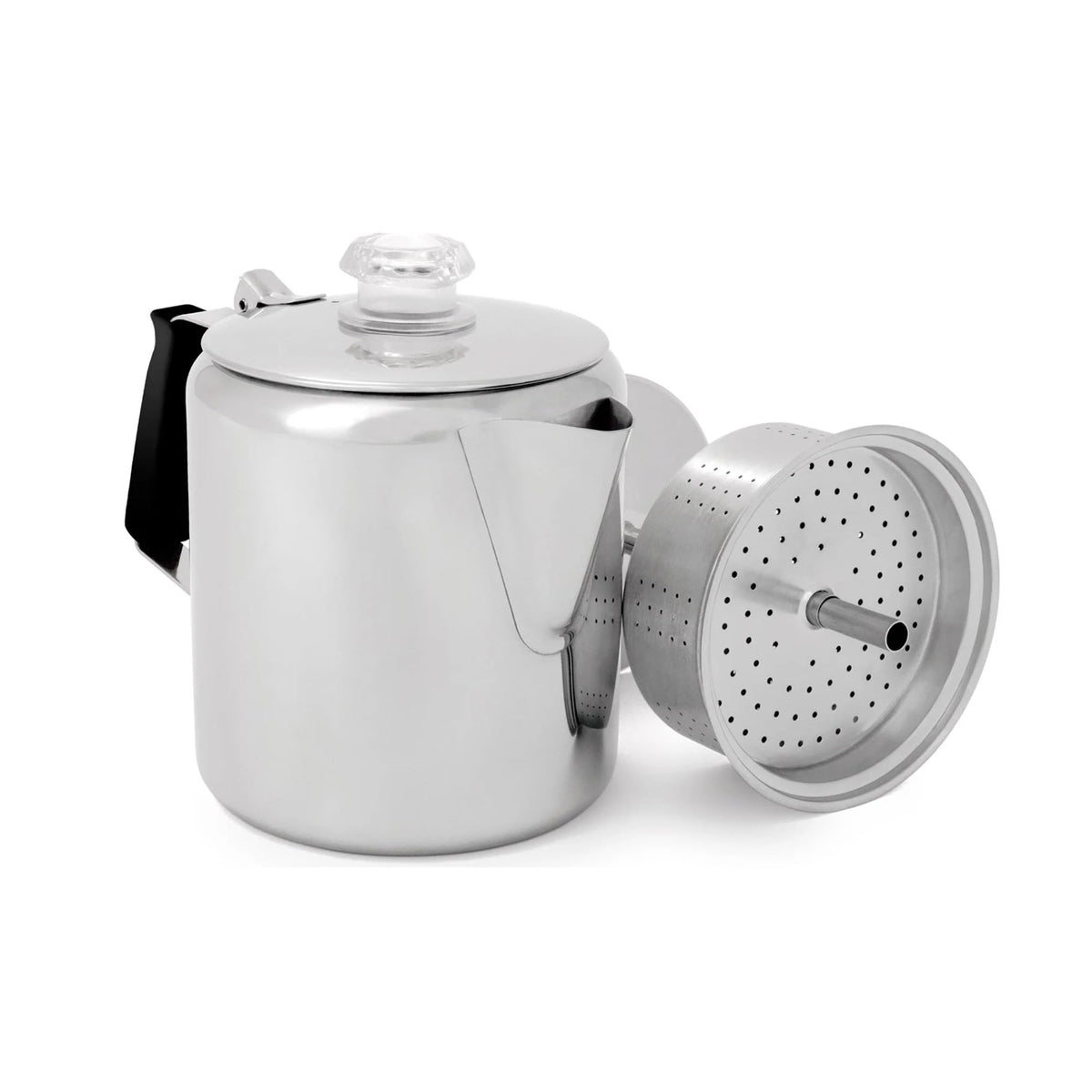GSI Outdoors Percolator front view in glacier stainless for rugged camp coffee.