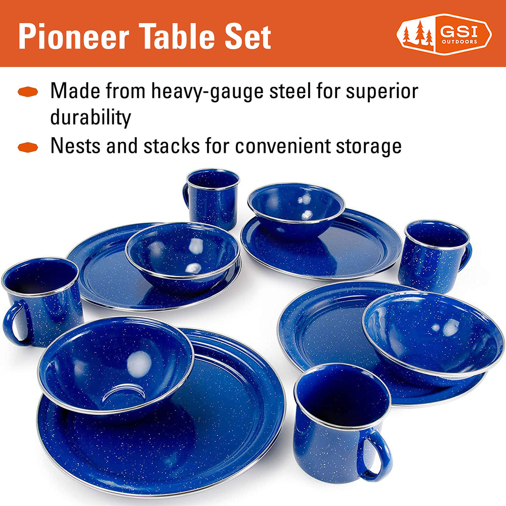 GSI Outdoors Pioneer enamel mugs for four ideal for hot beverages on camping trips.