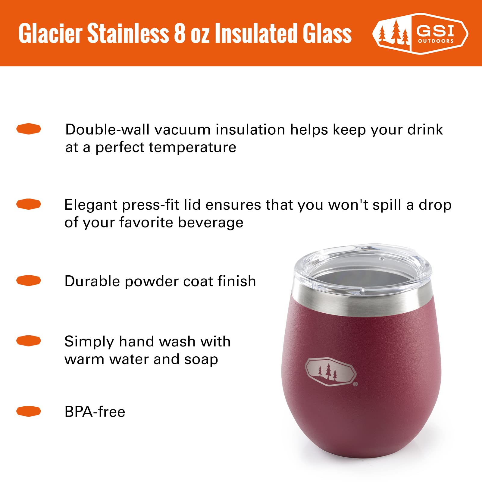 GSI Outdoors press-fit lid on Cabernet glass for spill prevention.