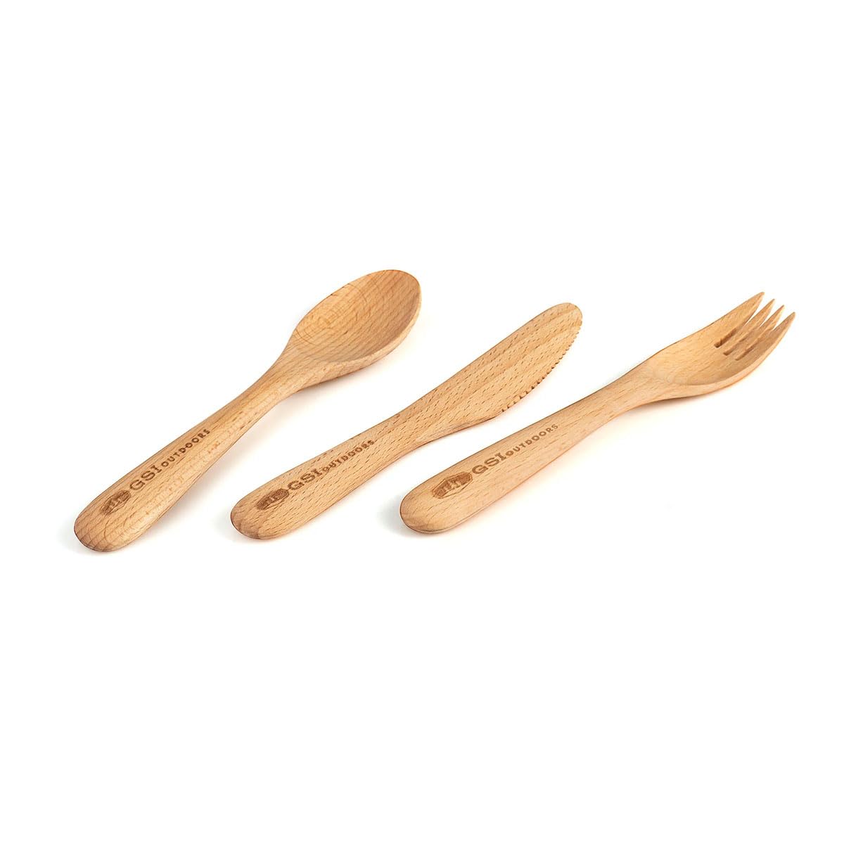 GSI Outdoors Rakau 3PC wooden cutlery set in beech with rPET pouch for eco-friendly meals on the go