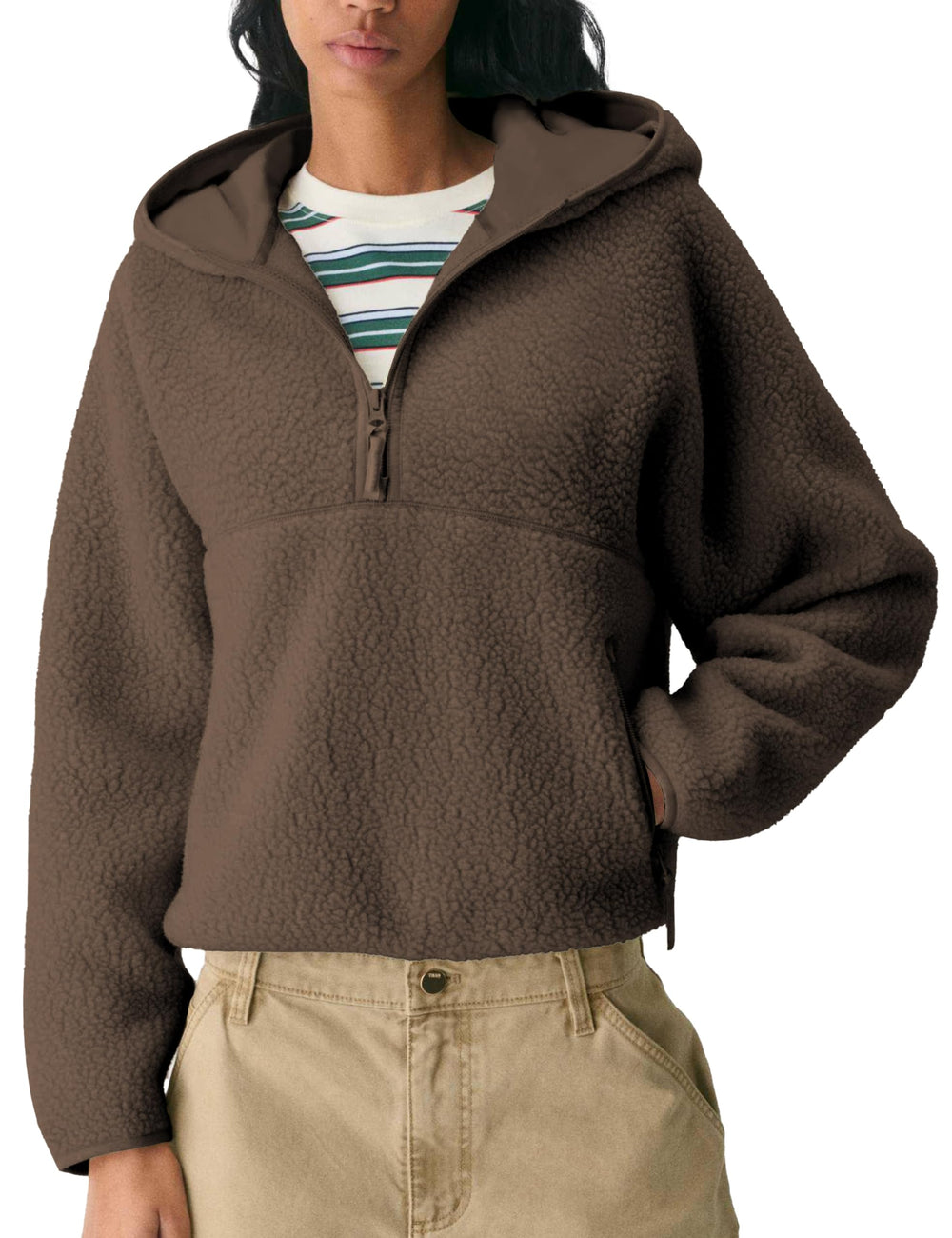 GTLIAE women's hoodie front view shows sherpa fleece and zip pockets for everyday warmth